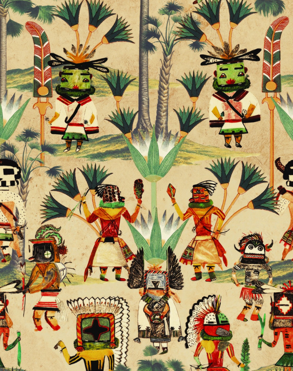 Hopi Spirit Taupe - Taupe, Green, Yellow, Orange, Red Wallcovering | Mind the Gap