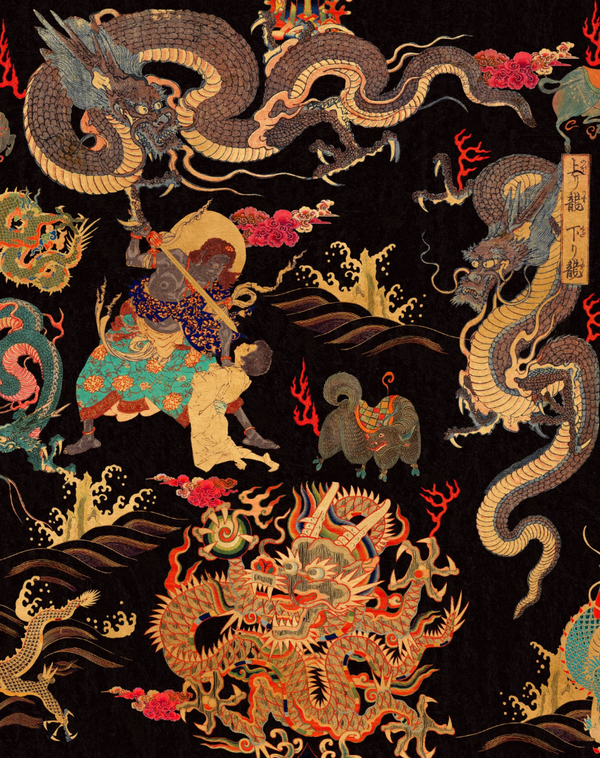 Dragons of Tibet - Gold, Black, Red Wallcovering | Mind the Gap