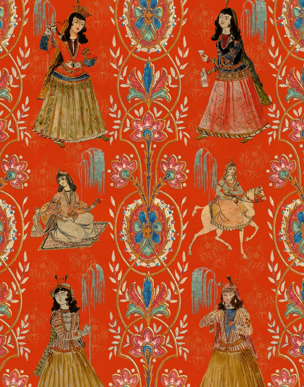 Maghrebian Folktale Rose - Blue, Ochre, Tangerine Red Wallcovering | Mind the Gap
