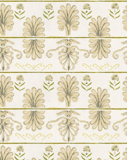 Mykonos Villa Motif Taupe - Taupe, Green, Yellow Wallcovering | Mind the Gap