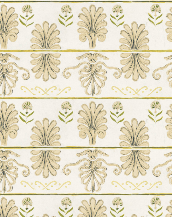 Mykonos Villa Motif Taupe - Taupe, Green, Yellow Wallcovering | Mind the Gap