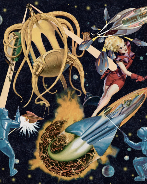 Sci-Fi Pulp - Black, Blue, Yellow, Red Wallcovering | Mind the Gap
