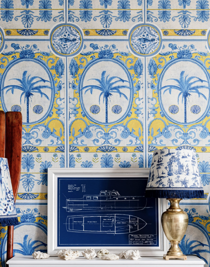The Villa Mural Yellow - Taupe, Blue, Yellow Wallcovering | Mind the Gap
