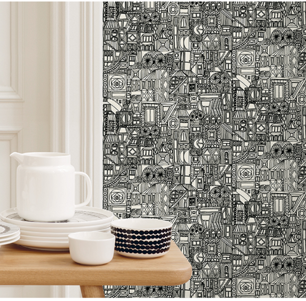 Malibu Bubi Wallpaper - Contemporary Illustration - Ebony and Eggshell | Malibu Wallpaper