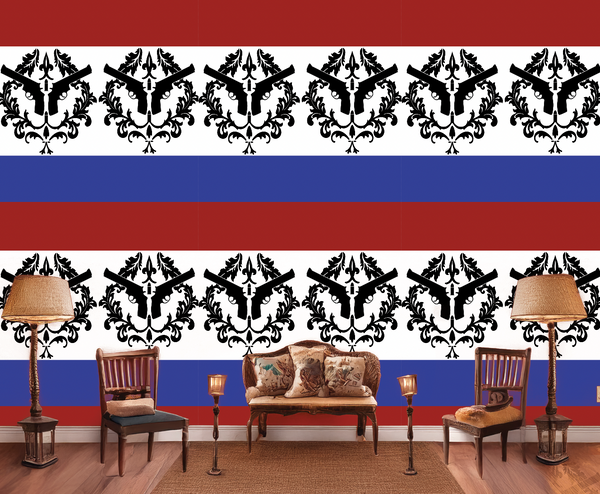 Patriotic Gun Acanthus Leaf Horizontal Stripe Mural Wallcovering | DW Bespoke Studios