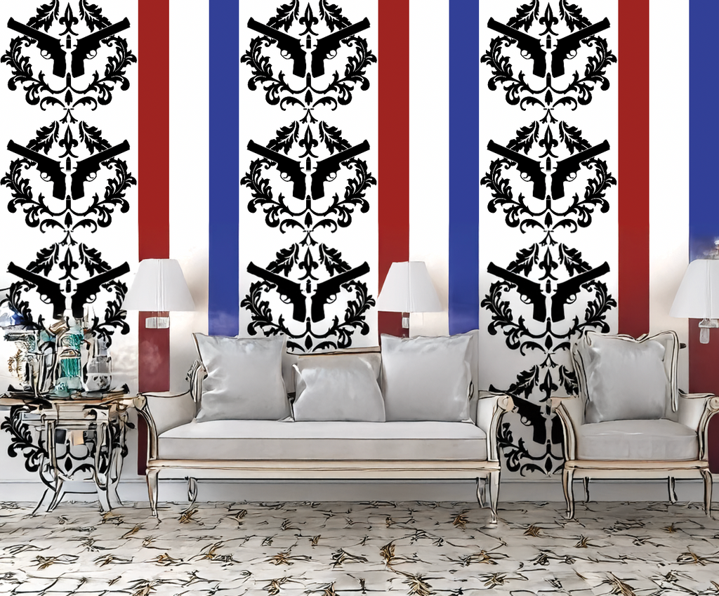 Patriotic Gun Acanthus Leaf Stripe Red, White and Blue Mural