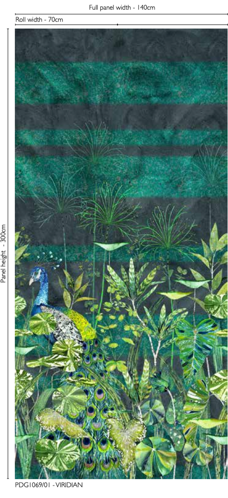 Arjuna Leaf w/Peacock Panel 1 Green Wallpaper | Designers Guild Europe