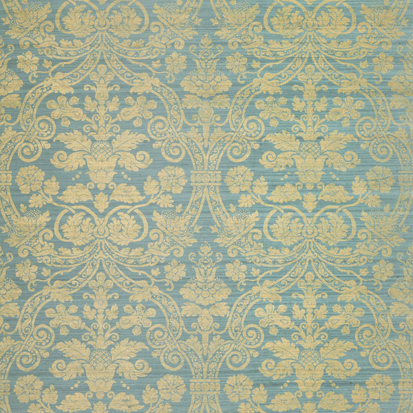 Curtis Silk Damask, Blue on Metallic Gold Wallcoverings | Thibaut