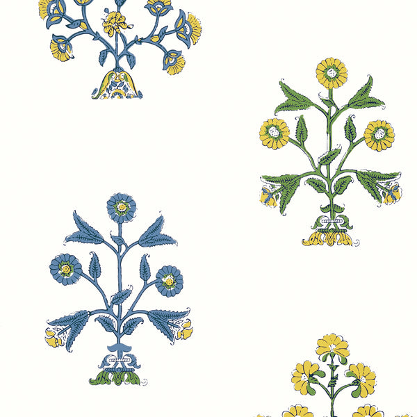 Indian Flower Blue and Yellow - Blue and Yellow Wallcovering | Thibaut