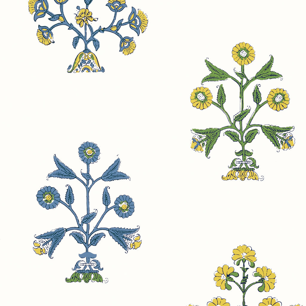 Indian Flower Blue and Yellow - Blue and Yellow Wallcovering | Thibaut