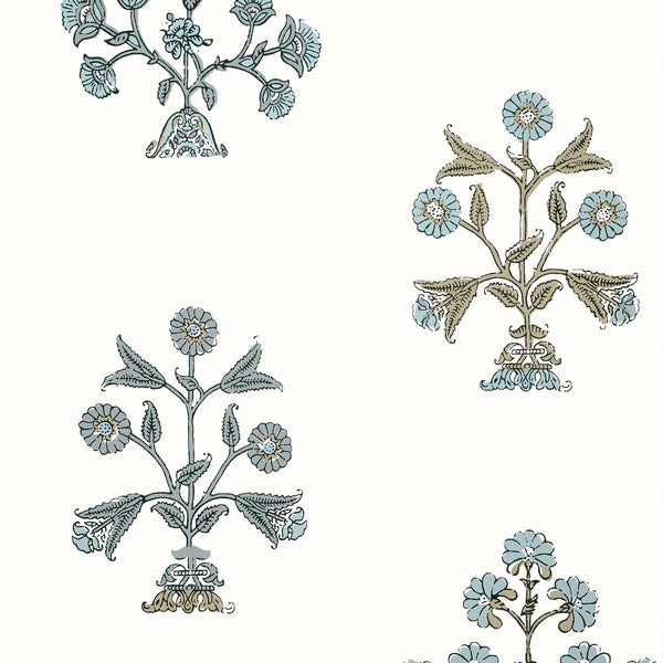 Indian Flower Spa Blue - Spa Blue Wallcovering | Thibaut