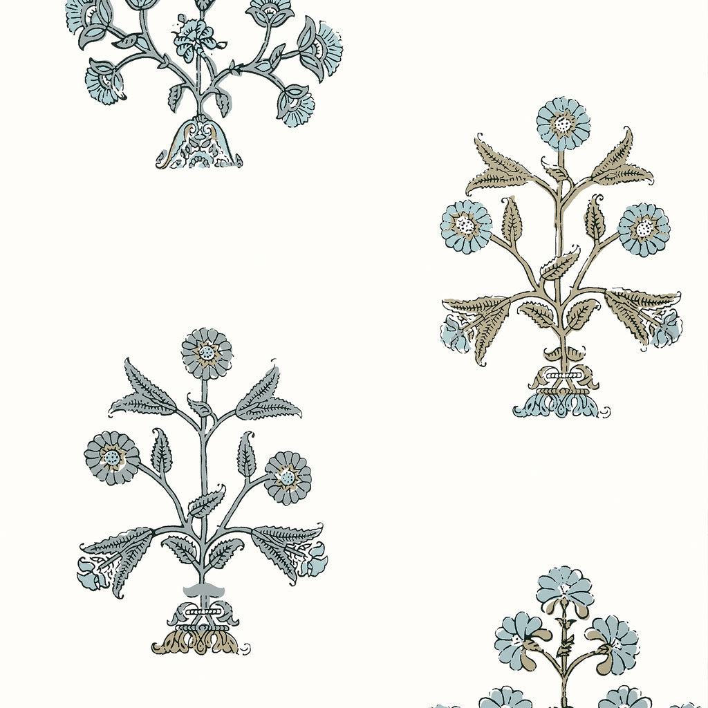 Indian Flower Spa Blue - Spa Blue Wallcovering | Thibaut