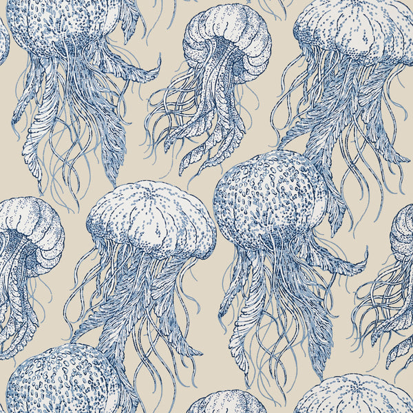 Jelly Fish Bloom, Blue and Beige Wallcoverings | Thibaut