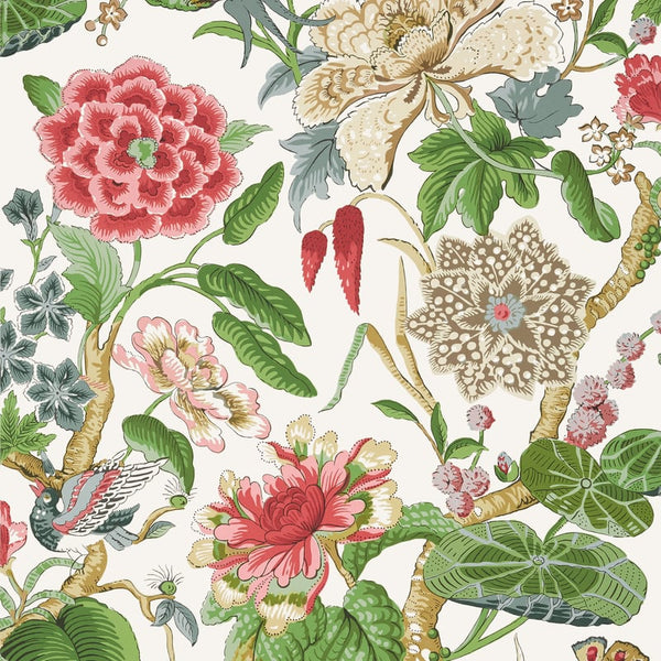 Hill Garden Coral and Green - Coral and Green Wallcovering | Thibaut