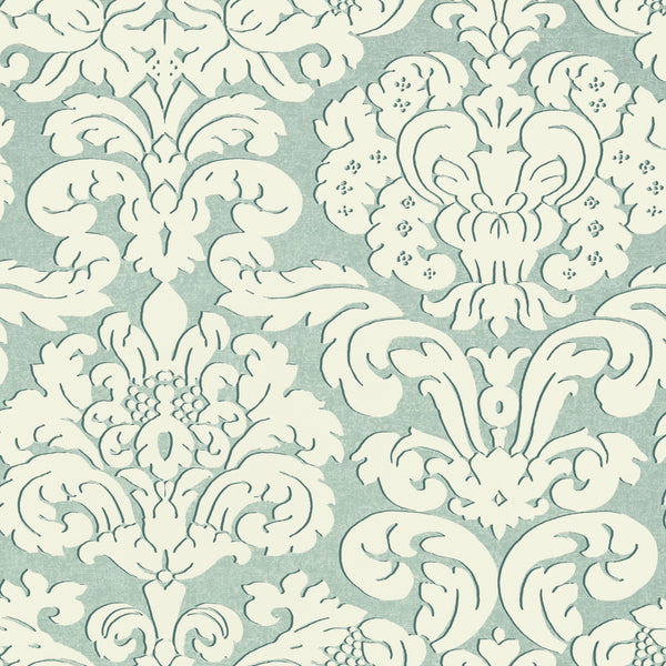 Trelawny Damask, Aqua Wallcoverings | Thibaut