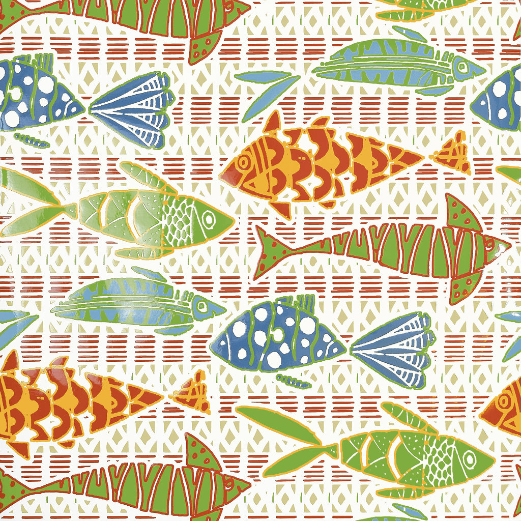 Batik Fish Coral and Blue - Coral and Blue Wallcovering | Thibaut