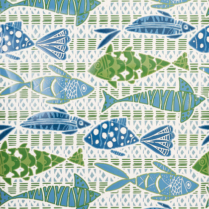 Batik Fish Blue and Green - Blue and Green Wallcovering | Thibaut