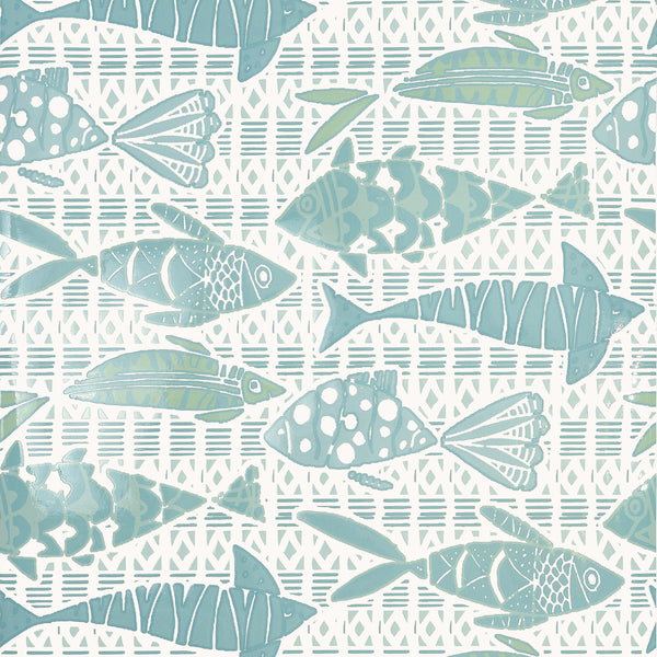 Batik Fish Spa Blue - Spa Blue Wallcovering | Thibaut