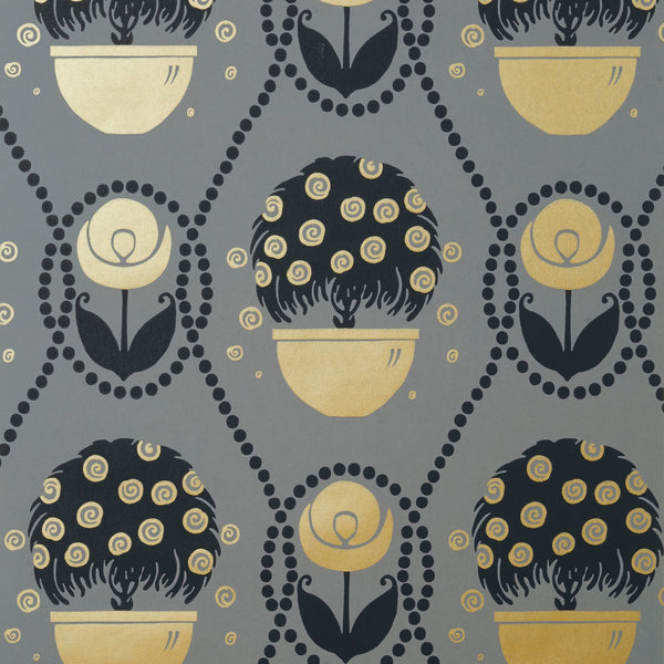 Rene, Metallic Gold on Charcoal Wallcoverings | Thibaut