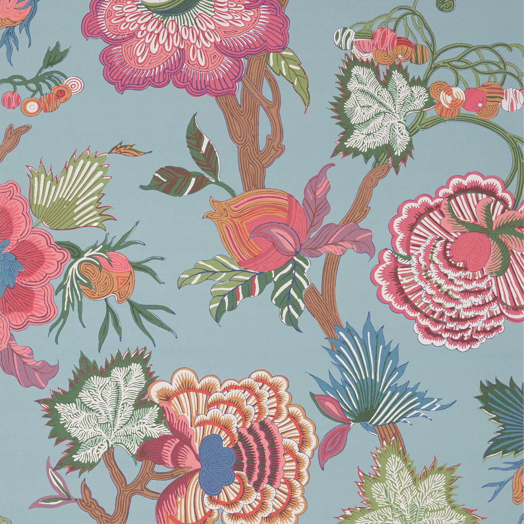 Indienne Jacobean Raspberry and Teal - Teal Wallcovering | Thibaut
