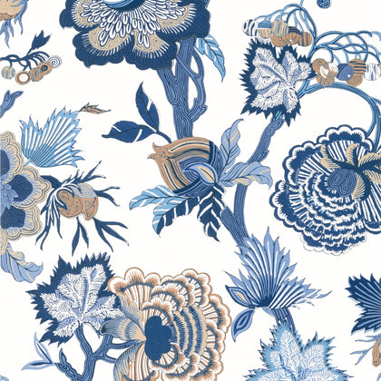 Indienne Jacobean Blue and White - White Wallcovering | Thibaut