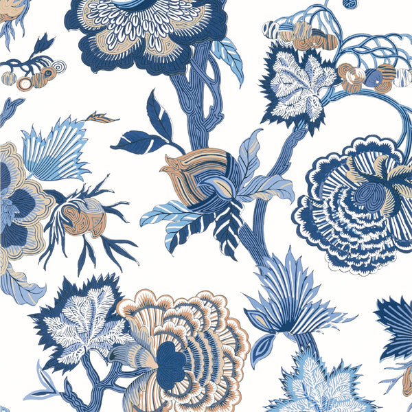 Indienne Jacobean Blue and White - White Wallcovering | Thibaut
