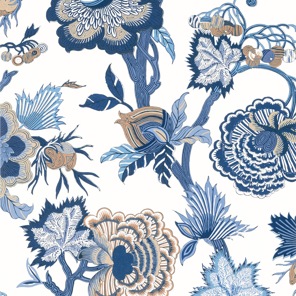 Indienne Jacobean Blue and White - White Wallcovering | Thibaut
