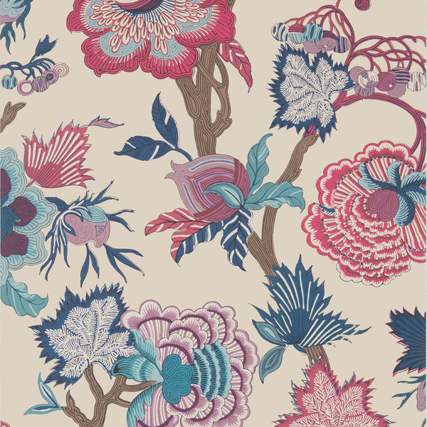 Indienne Jacobean Raspberry and Blue on Natural Wallcovering | Thibaut