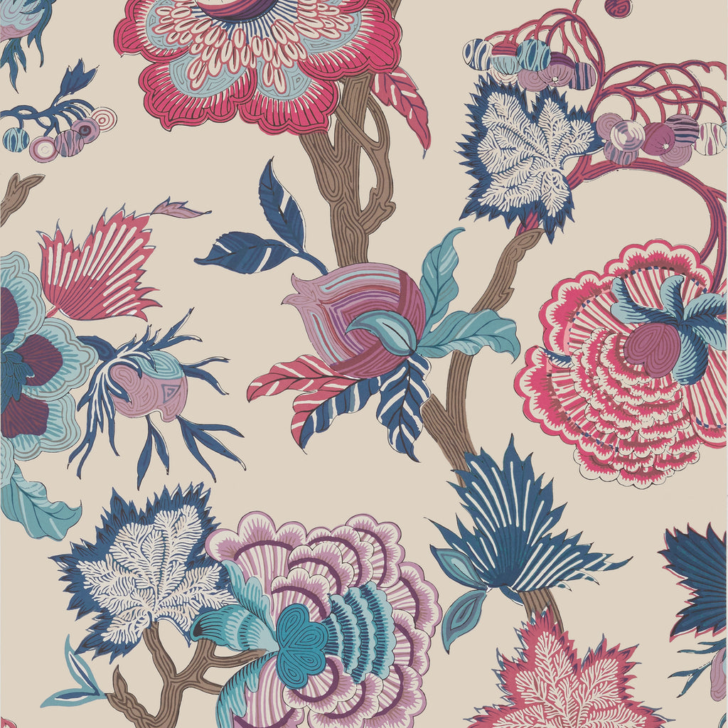 Indienne Jacobean Raspberry and Blue on Natural Wallcovering | Thibaut