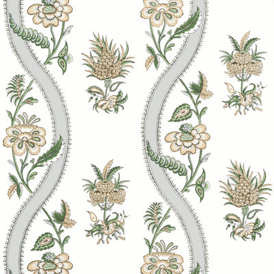 Ribbon Floral Green - Green Wallcovering | Thibaut