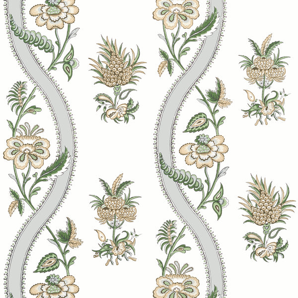 Ribbon Floral Green - Green Wallcovering | Thibaut