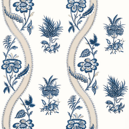 Ribbon Floral Blue and White - White Wallcovering | Thibaut