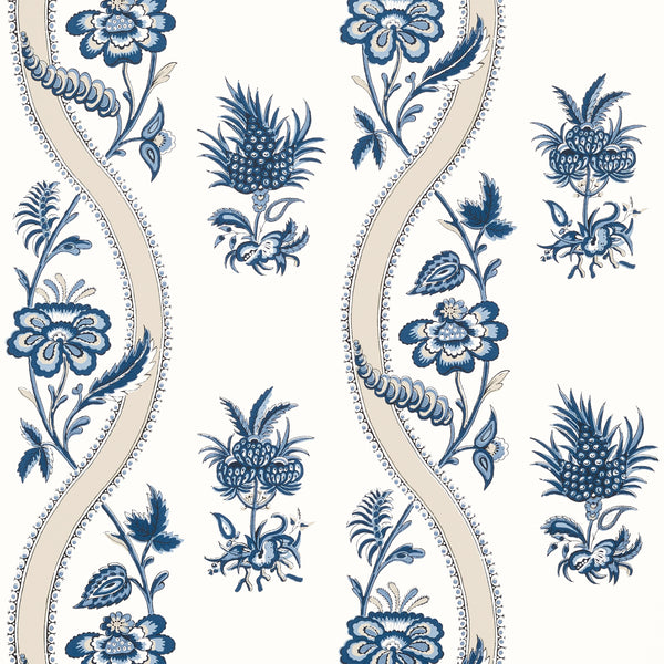 Ribbon Floral Blue and White - White Wallcovering | Thibaut