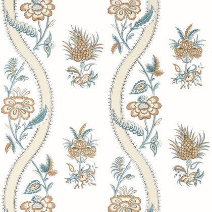 Ribbon Floral Beige and Spa Blue - Blue Wallcovering | Thibaut