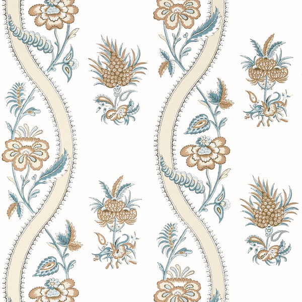 Ribbon Floral Beige and Spa Blue - Blue Wallcovering | Thibaut