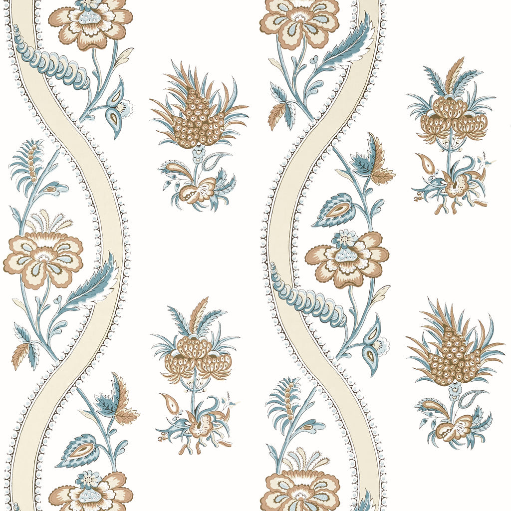 Ribbon Floral Beige and Spa Blue - Blue Wallcovering | Thibaut