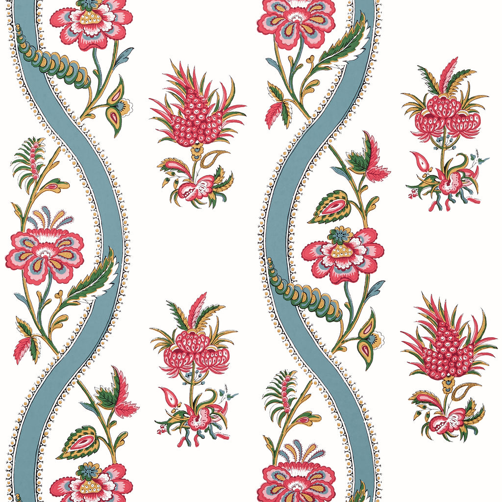 Ribbon Floral Raspberry and Teal - Teal Wallcovering | Thibaut