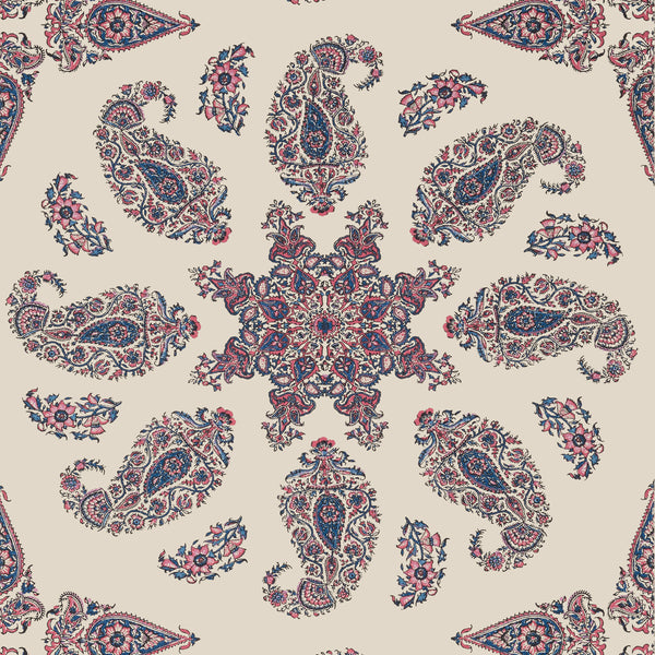 East India Raspberry and Blue on Natural - Natural Wallcovering | Thibaut
