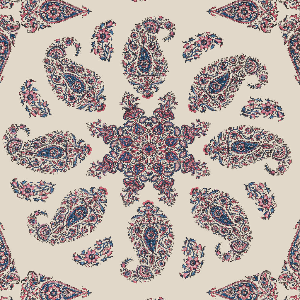 East India Raspberry and Blue on Natural - Natural Wallcovering | Thibaut