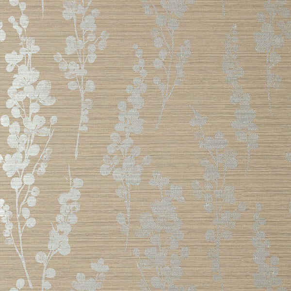Spring Blooms Metallic Silver on Taupe - Taupe Wallcovering | Thibaut