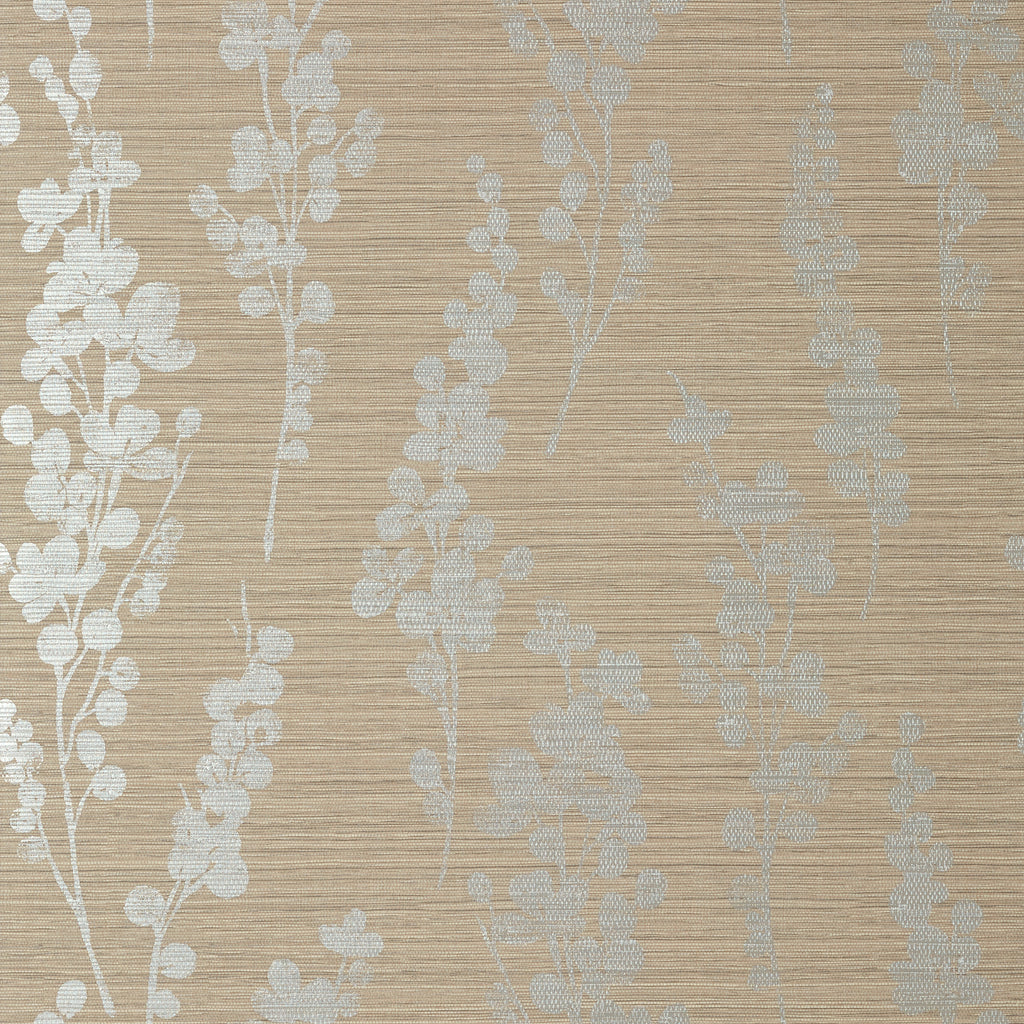 Spring Blooms Metallic Silver on Taupe - Taupe Wallcovering | Thibaut