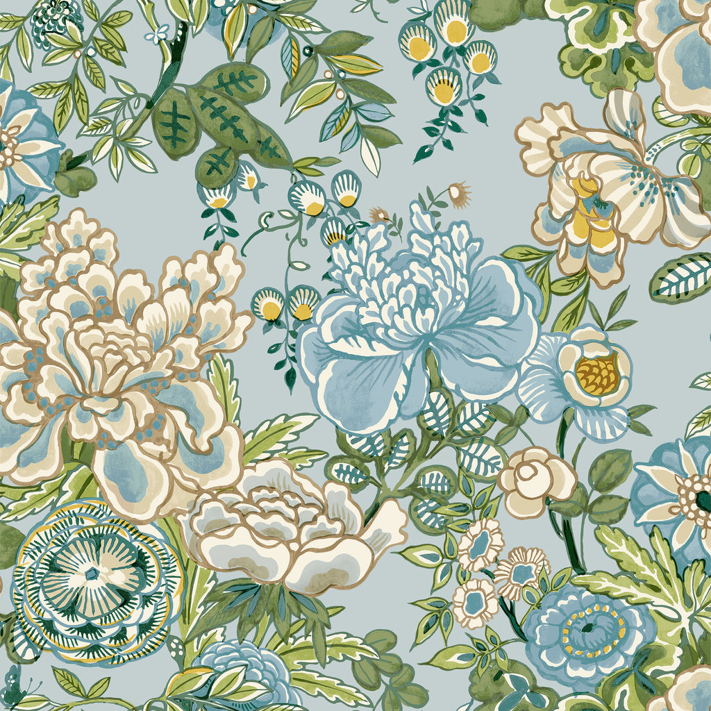 Peony Garden Spa Blue - Blue Wallcovering | Thibaut