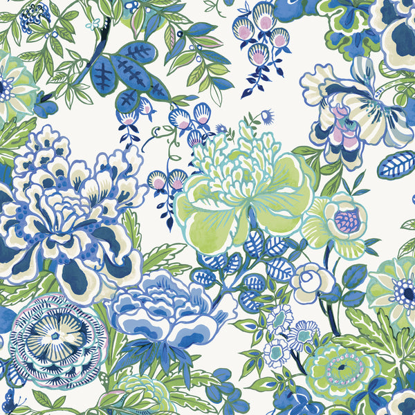 Peony Garden Blue and Green - Green Wallcovering | Thibaut