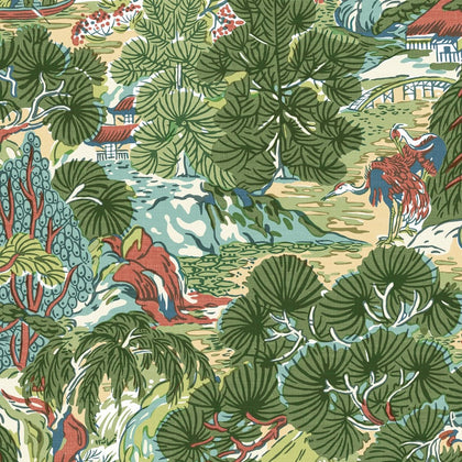 Pagoda Trees Coral and Green - Green Wallcovering | Thibaut