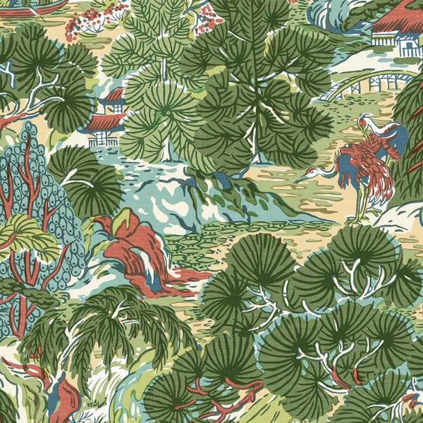 Pagoda Trees Coral and Green - Green Wallcovering | Thibaut