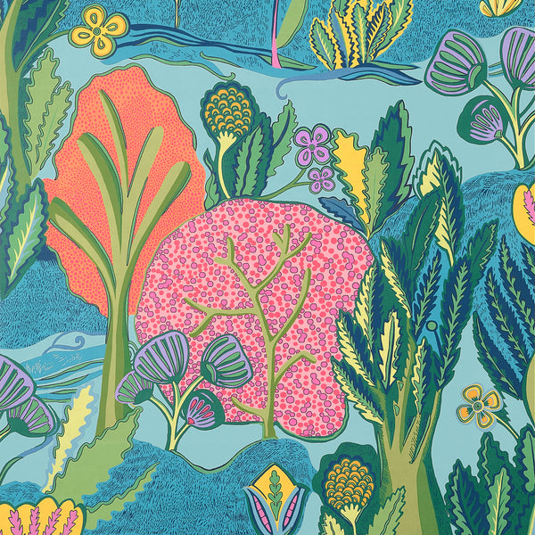 Albero Tangerine and Turquoise - Turquoise Wallcovering | Thibaut