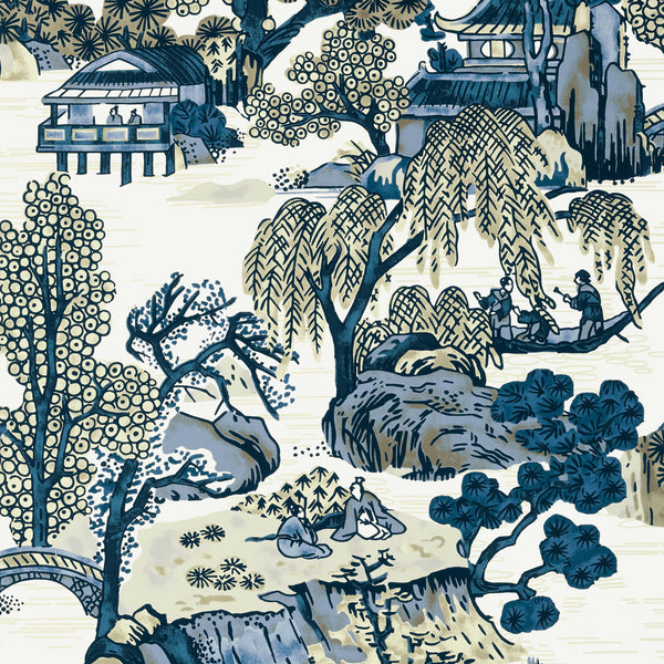 Asian Scenic Blue and Beige - Beige Wallcovering | Thibaut