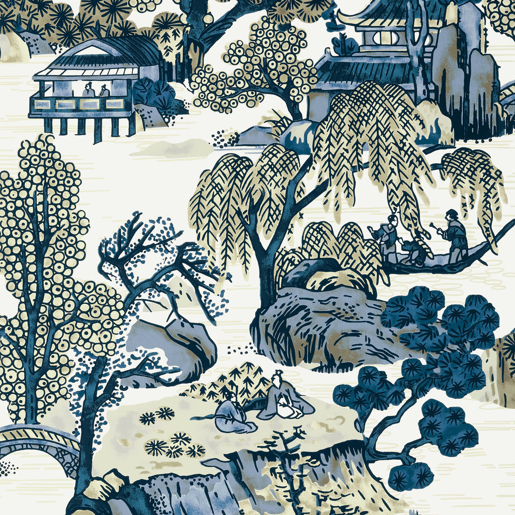 Asian Scenic Blue and Beige - Beige Wallcovering | Thibaut