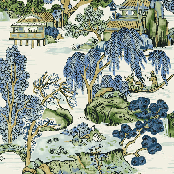 Asian Scenic Blue and Green - Green Wallcovering | Thibaut