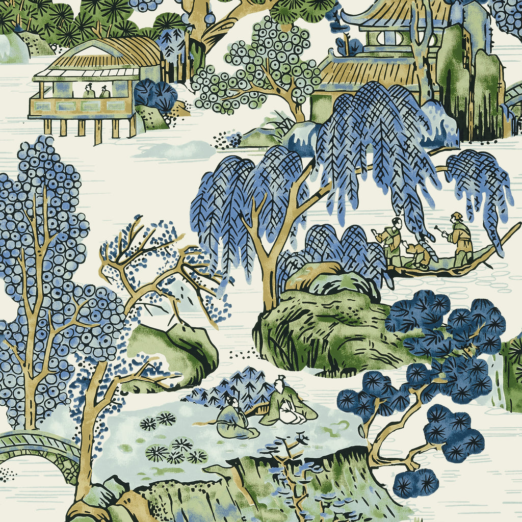 Asian Scenic Blue and Green - Green Wallcovering | Thibaut